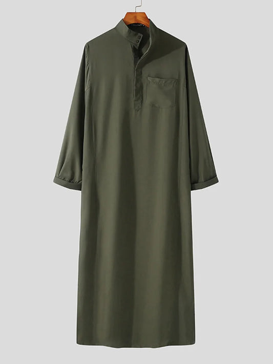 Mens (Green/Brown/Navy) ashion Muslim Clothing Thobe Jubba Mens Robe Long Sleeve Saudi Arab Thobe Kaftan Ropa Arabe Islamic Thobe Indian Dress Robe