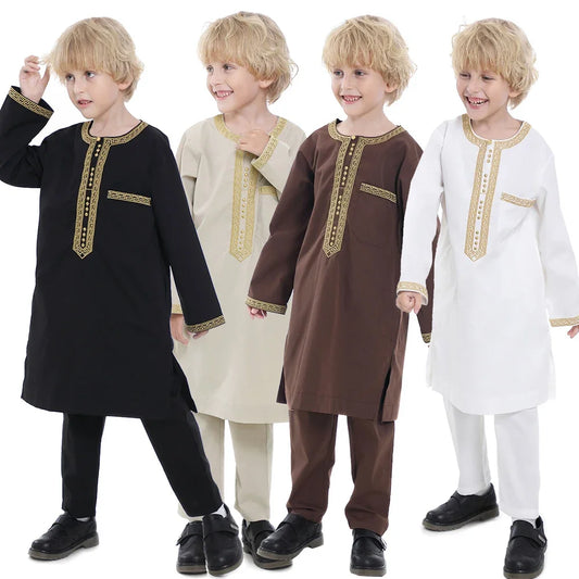 Boys Long Sleeve Kaftan/Abaya/Jubbah/Robe w/ Gold Trim (Black/Beige/Coffee/White)